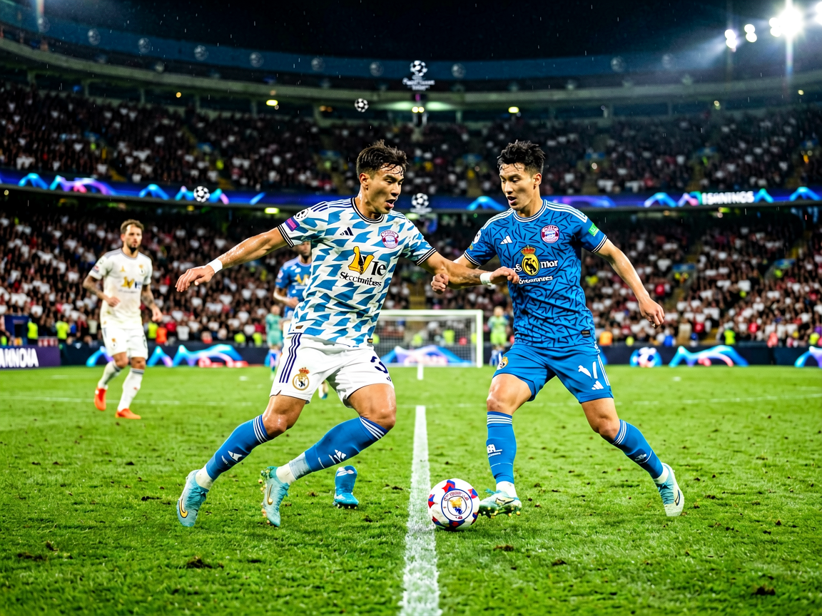 欧冠联赛比赛夜，球员在球场激烈对抗，灯光照亮绿茵场
